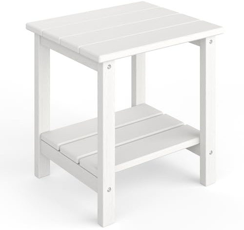 Garvee Mesa Auxiliar Exterior Estilo Adirondack 45 x 38 cm，Mesa de Dos Niveles en HDPE con Acabado Efecto Madera，Resistente a la Intemperie Terraza，Jardín y Piscina，Blanco，1 Unidad