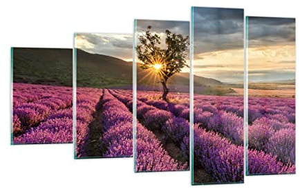 Mehrteilige Bilder auf Glas Lavendel Berge Feld Glasbild 100x60cm Wandbilder Dekoration Wohnzimmer Schlafzimmer Küche Set 5 teilige Groß Wanddeko Bild im Glas Wand Kunstdruck Art Modern GEG100x60-3645