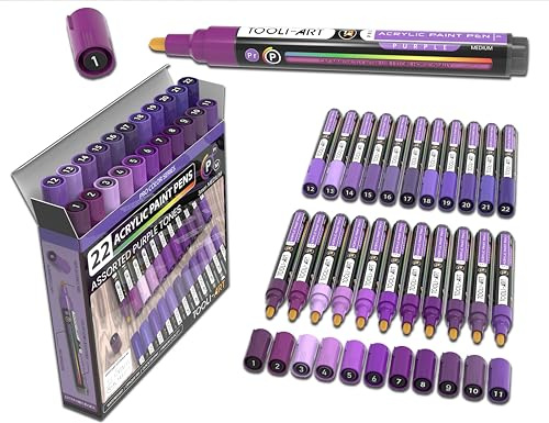 TOOLI-ART 22 akrylfärgmarkörer färgpennor pro färgserie set 3 mm medium spets för stenmålning, glas, muggar, trä, metall, glasfärg, duk, gör-det-själv. Giftfri, vattenbaserad, snabbtorkande (lila)
