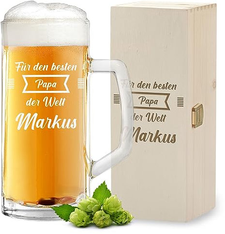 polar-effekt 2-TLG Geschenk-Set Bierkrug 0,5 L und Holzkiste zum Vatertag - Motiv Für den besten Papa - Vatertagsgeschenk für Männer - Bierseidel aus Glas mit Füllstrich - Bierglas Spülmaschinenfest