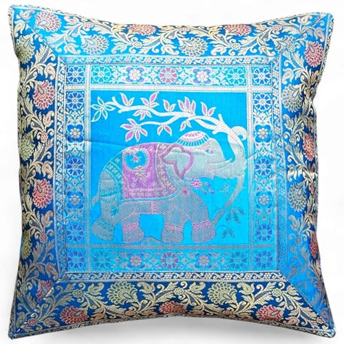 Original Kikan Federa per cuscino in seta con elefante indiano, mandala, in broccato e boho, decorazione per la casa, 40,6 x 40,6 cm, chiusura con cerniera, stile etnico, fatto a mano, patchwork (blu)