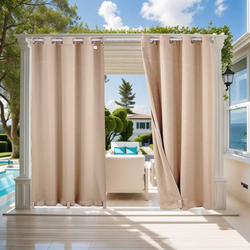 ele ELEOPTION Cortinas de Exterior, Resistentes al Agua, Protección UV, Cortina Exterior con Ojales, Cortina Opaca para Jardín, Patio, Balcón, Beige 1 3D Textured, 2 Piezas / 132 X 240cm