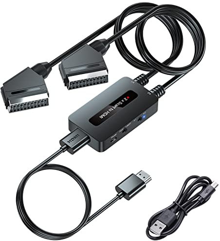 PARUIEN Convertidor Dual Scart a HDMI con Interruptor de Salida 720P/1080P, Compatible con VHS/DVD/STB