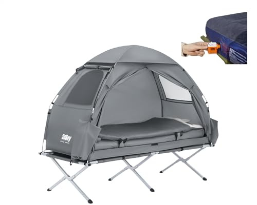 SoBuy Tenda Campeggio Lettino da campeggio pieghevole Brandina da esterno Tenda antipioggia portatile Starry Sky con tasche porta scarpe Tenda 3 in 1 per 1 persona Grigio 193x86x160 cm OGS32-HG