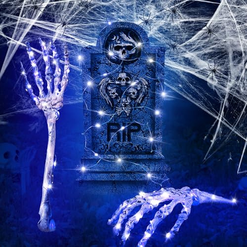 Realistisk Halloween-dekoration utomhusskelett - skrämmande Halloween-dekorationsträdgård med glödande gravsten, spindelnät och LED-skeletthand, för en skrämmande Halloween-upplevelse