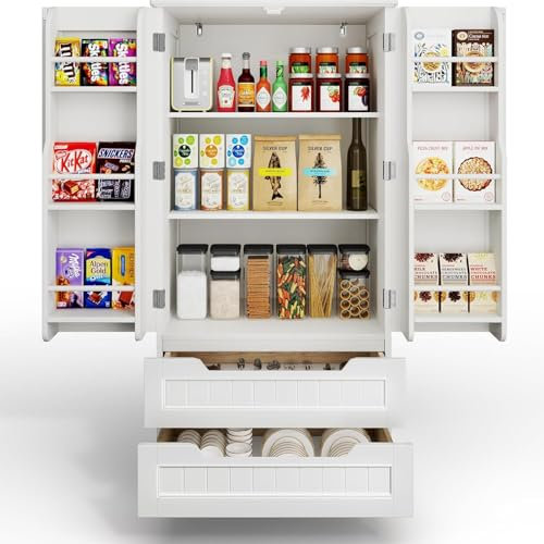 Xbro Kitchen Pantry Cabinets with Drawers Tall Free Standing Kitchen Cupboard with Doors and Shelves, Small Wooden Dining Room Cabinets for Kitchen Craft Room, Height 120CM, White