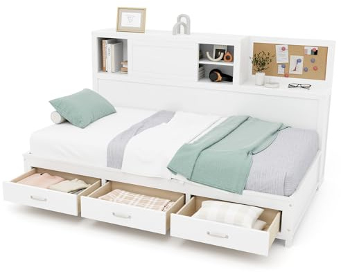 Multigot 3FT/4FT6 Day Bed Frame with Side Cabinet, Single/Double Size Wooden Slat Support Sofa Bed with 3 Drawers, Modern Mattress Foundation Guest Bed Base, No Box Spring Needed (191 x 91 cm)