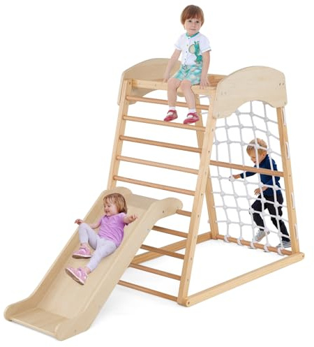 GOPLUS 4 en 1 Triángulo de Escalada Montessori, Triángulo de Escalada con Tobogán y Red de Escalada Montesorri Playground, Capacidad de Carga 50KG para Niños de 1 año+ (Natural)