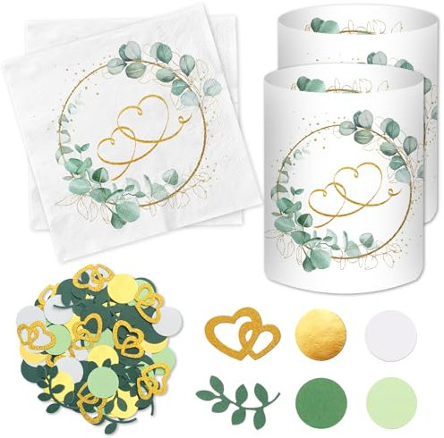 20 Stück Servietten Hochzeit + 12 Windlicht Tischdeko Hochzeit + 100 Konfetti Streudeko, Eukalyptus Hochzeitsdeko Tisch, Perlenhochzeit Petersilienhochzeit, Hochzeitstag Just Married Deko Set