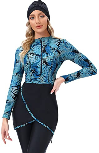 EFOGEP Traje de baño musulmán para mujer, 3 piezas, burkini, modesto, traje de baño de manga larga, estampado floral, traje de baño de cobertura completa, brasier integrado, hiyab y pantalones, traje