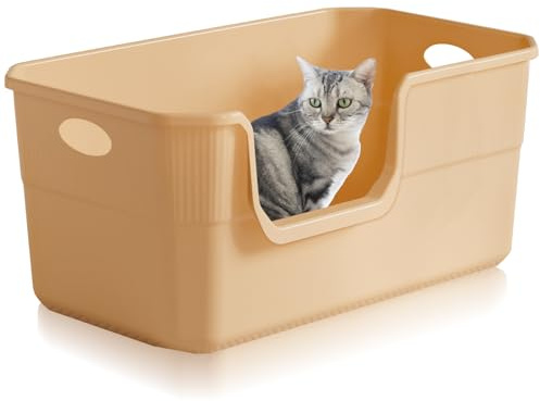 Lighterday Katzenklo Hoher Rand 50 x 35 x 22cm,Katzentoilette Groß, Katzenklo XXL Ohne Deckel Katzenklo Groß Katzentoiletten für Katze, Kaninchen,Kätzchen (Beige 50×35×22CM)