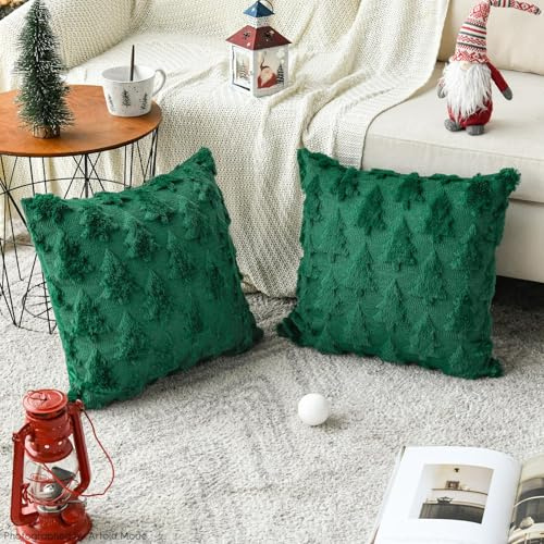 Artoid - Set di 2 federe in pelliccia artificiale verde di pino, motivo alberi di Natale, 40 x 40 cm, in peluche e velluto, per decorazione camera da letto
