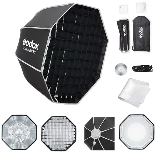 Godox Softbox Godox - Ombrello ottagonale a sgancio rapido, 60 cm, supporto Bowens con diffusori frontali e interni rimovibili/impugnatura/piastra diffusore per fotografia, live streaming, posizione