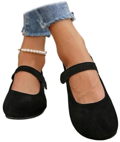 Ballerines orthopédiques Mary Jane en daim pour femme, confortables à bout rond, chaussures plates à enfiler, chaussures décontractées, Noir , 43 EU