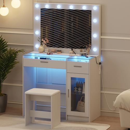 LSBIKE Dressing Table with LED Lights Mirror and Socket Strip White Vanity Cosmetic Table w/Built-in Dimmable Lights Half-glass Desktop, 2 drawers 1 Tempered Glass Door Cabinet Makeup Desk with Stool
