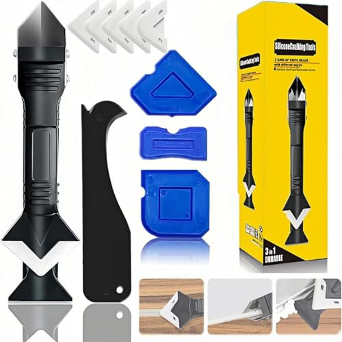 Kaimirui 3-in-1 Silicone Caulking Tool Set, Silicone Remover Tools,Stainless Steel Sealant Finishing and Removal Kit with 5 Silicone Pads, for Bathroom,Kitchen,Floor,Window,Sink Joint, Frames Seal
