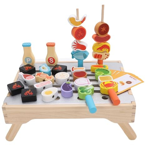 Fdit Ensemble de Jeu de Barbecue en Bois, Jouet éducatif et Amusant, Conception de Gril de Cuisine Réaliste avec Jeu Multifonctionnel, pour L'interaction Parent-Enfant, Matériau Sûr et sans Odeur