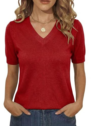 Totatuit Camiseta de Punto Mujer Manga Corta Cuello en V de Lana Ligera | camiseta de lana manga corta,jersey casual básico,estilo formal holgado,primavera otoño entretiempo,oficina,uso diario