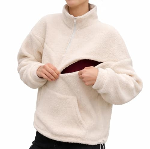 Maison Mama Nursing & Breastfeeding Tops Fleece Jumper - Stylish Maternity & Postpartum Clothing - Cozy Sherpa Fleece Nursing Top with Discreet Zips for Comportable Feeding & Pumping