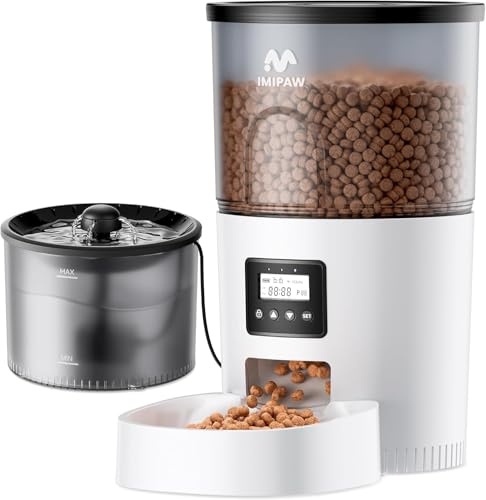IMIPAW Automatic Cat Feeder and Water Dispenser, Dry Food Dispenser | Programmable, 1–6 Meals per Day, Pet Water Fountain with Filter for Small Pets