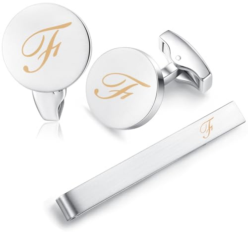HONEY BEAR Gemelli & Fermacravatta Uomo con Iniziali Alfabeto Lettera per Camicia Matrimonio Commercio Regalo,Argent 5.4cm (F)