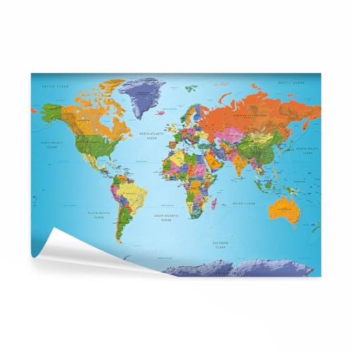 decomonkey Fototapete selbstklebend Weltkarte 343x256 cm XL Selbstklebende Tapeten Wand Fototapeten Tapete Wandtapete klebend Klebefolie Landkarte bunt blau Kontinente Welt