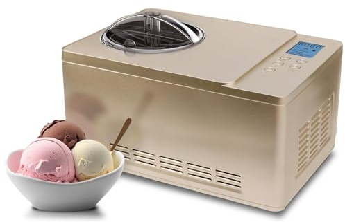 Whynter ICM-220CGY, máquina automática para hacer helados y yogur, 2 cuartos de galón, con compresor integrado, pantalla digital LCD y temporizador, sin precongelación, ICM-220CGY, oro champán