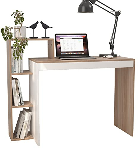 sogesfurniture Schreibtisch Computertisch Kleiner Arbeitstisch PC Laptop Tisch mit Ablagen als Bücherregal, Bewahrungsregal, 110 * 40 * 91cm, Teak&Weiß BHEU-SZKST-BD-TW
