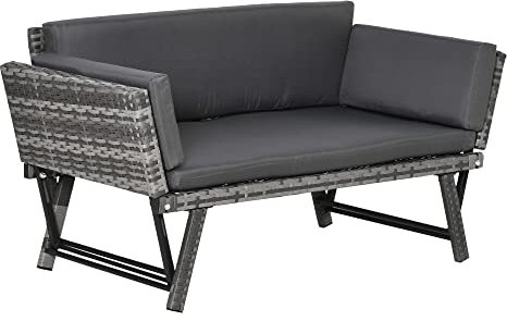 Outsunny Polyrattan Gartensofa 2 Sitzer Gartenmöbel Loungesofa Gartenbank Gartenliege klappbar Armlehnen Stahl Grau 129 x 63 x 67 cm