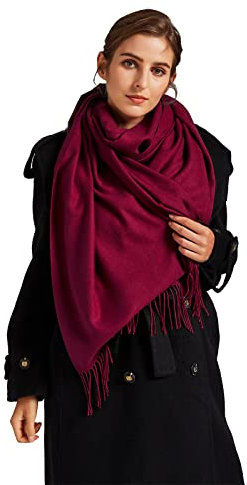 VaneriHome Schal Damen Herbst einfarbig mit Quaste Elegante Stola für Freizeit Abendkleid Hochzeit 190x63cm, Weinrot