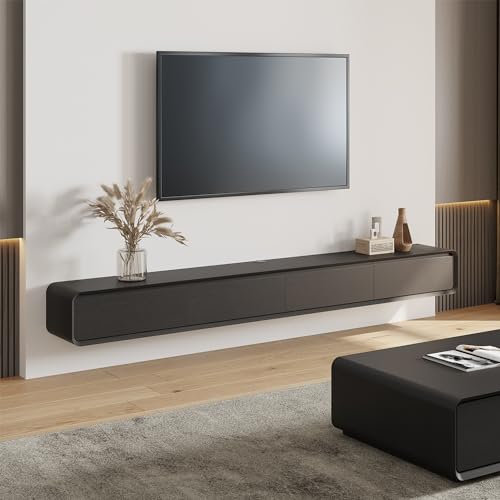 POVISON TV Schrank schwebend 160cm schwarz modern Eichenoptik aus Massivholz mit 3 Schubladen, TV Lowboard hängend mit Kabelmanagement hochwertig, Komplettmöbel mit Stauraum für Wohnzimmer