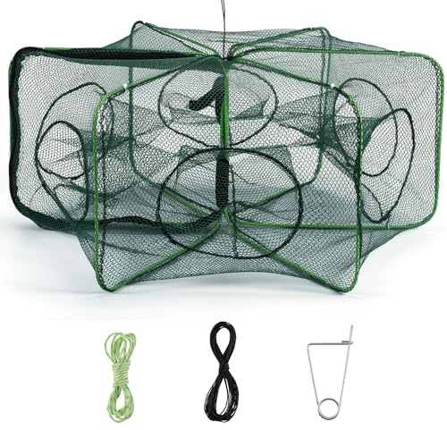 Alwonder Minnow Crab Fish Trap, Foldable Crawfish Crayfish Trap with Luminous Rope and Bait Clip, Crab Traps for Blue Crabs Crawdad Shrimp Lobster, Fishing Bait Traps 19.7ft with Rope 6 Sides 6 Holes