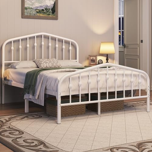 Yaheetech Bettrahmen 140 x 200 cm, Vintage Metallbett mit kronenförmigem Kopfteil, Stabiles Bettgestell Doppelbett aus Metall, Robust & Leichte Montage Gästebett Jugendbett Tagesbett, Weiß