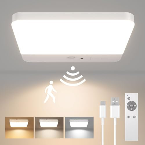 FULEN LED Ceiling Light Motion Sensor, Cordless Bathroom Ceiling Lamp Battery Operated, Rechargeable Magnetic Mount Shower Light for Bath,Porch,Stairs,Garage, 3 Color Temperatures, Remote Control