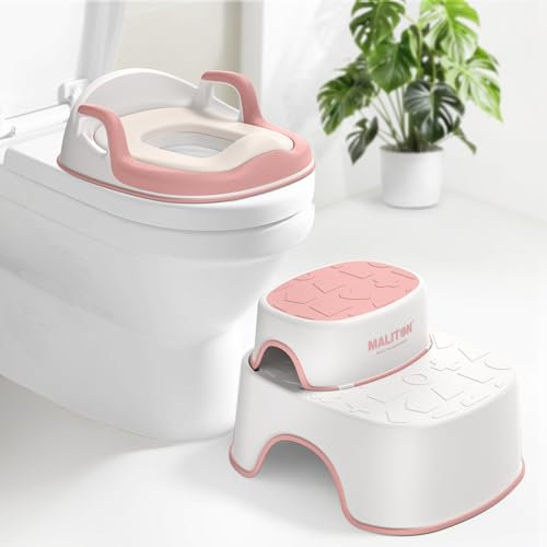 Maliton Toddler Toilet Seat with 2 Step Stool, Potty Training Toilet Seat with Handles|Splash Guard|Anti-Slip, Soft Surface Secure Fit Toilet Seat Toddler for 1-8 Years, Pink