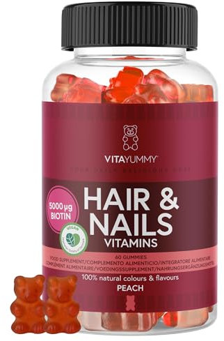 Gommes vitaminées VitaYummy pour Cheveux et Ongles au Goût de Pêche - avec de la vitamine C, de la vitamine D, du Zinc et une forte dose de Biotine (5000 µg) - 60 Bonbons pour les Cheveux