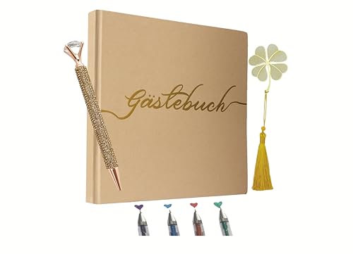 Gästebuch, Gästebuch Hochzeit, Gästebücher 200 Seiten 21x21cm, Gästebuch Geburtstag - Party Gästebuch -Goldfolie Wedding Guest Book- Gästebuch Taufe mit Damant Stift-Lesezeichen- 4 Glitzerstift