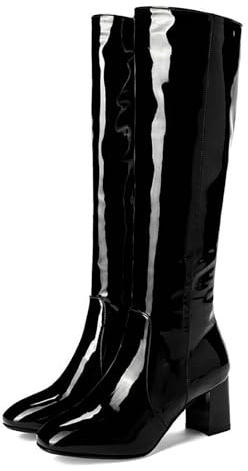 LDXEQIZ Botas Altas hasta La Rodilla for Mujer Elegantes Boots De Caña Larga con Tacón En Bloque Botas Altas De Charol PU con Cremallera Lateral Tacones Altos Sexys con Punta Cuadrada(39 EU)
