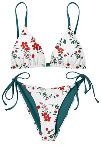 Nadeer Traje de Baño de Dos Piezas Mujer Sexy Conjunto Bikini de Flores Halter Triángulo Top y Bottom de Cintura Baja para La Playa