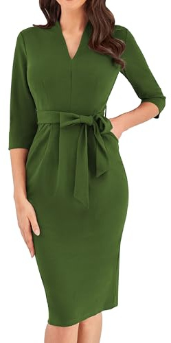 GRACE KARIN Robe de cocktail pour femme 3/4 manches - Robe midi élégante Bodycon - Col en V - Robe crayon taille fine avec ceinture - Robe pour invitées de mariage - Robe de tous les jours, Vert armée