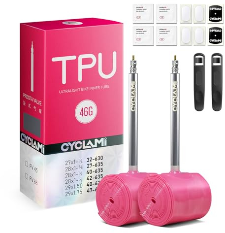 CYCLAMI Metal Valve TPU Gravel/MTB Inner Tube, 2PCS TPU 4.0 Bike Inner Tube with Excellent Air Retention,for Gravel 700x32/35/37/40/47C-622 & Mountain Bike 26/27.5/29X1.9-2.5 (Gravel-FV:65MM)