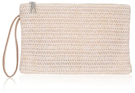 Classicseali Strand Clutch, Strand Tasche Damen Stroh, Beach Clutch mit Reißverschluss, Bohe Handgewebte Urlaubs Clutches und Handgelenk für Arbeit Verabredungen Alltag und Reisen (Weiß/23 × 15.5cm)