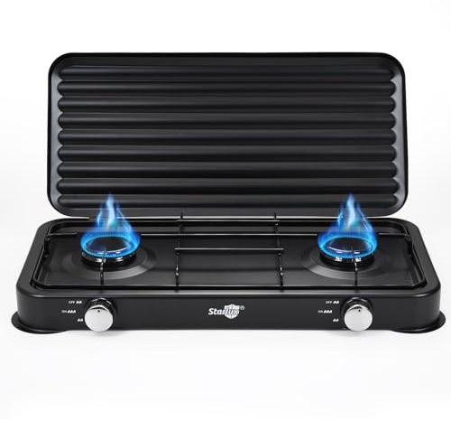Warmiehomy Camping Gas Stove, Double Burner Portable Gas Stove, 4400W Gas Hob Cooker with Lid, Propane Camp Stoves for Camping, Garden, Travel, Outdoor Cooking