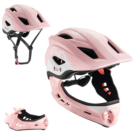ROCKBROS Casco Integrale Bici Bambino con Mento Staccabile, Caschetto MTB per Bambini Ragazzi Bimbi Protezione Sicurezza per Bicicletta BMX Skateboard Scooter, Regolabile M 54-58cm, Rosa