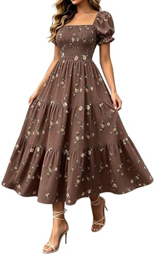 Générique Robe Longue Femme Chic et Elegant, Casual Taille Empire Col Carré Manches Volantes Robes à Fleurs, Style Bohème, Robe Legere Fluide Ete pour la Plage et Les Mariages Festifs