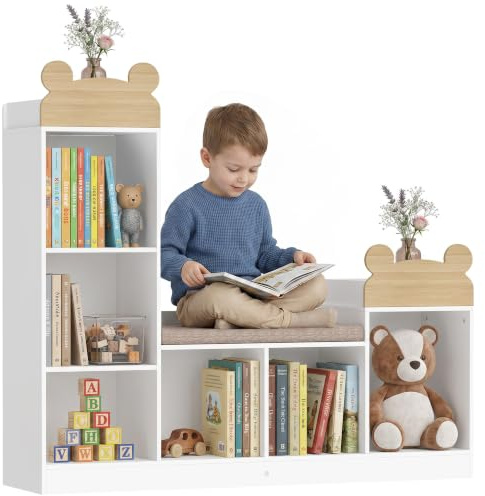 AIYAPLAY Bibliothèque Enfant avec Coin Lecture, 3 en 1, 121x30x106cm, Blanc