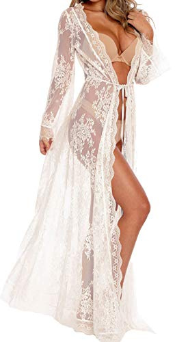 BUTTZO Women Sexy Long Lace Dress Sheer Gown See Through Lingerie Kimono Robe (White, One Size)