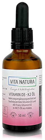 VITA NATURA Vitamin D3 1000 I.E. + K2 20 mcg Tropfen - D3 K2 - gegen Vitamin D3 Mangel - 100% natürlich - wird bereits im Mund aufgenommen - 50 mln