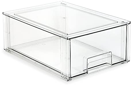 Isaac Jacobs Large Stackable Organizer Drawer (13.5” x 9.9” x 5.4”), Clear Plastic Storage Box, Pull-Out Bin, Home, Office, Closet & Shoe Organization, BPA-Free, Food/Fridge/Freezer Safe (Large)