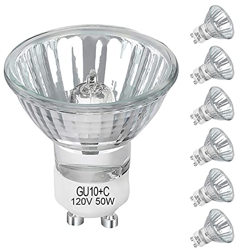 Lacnooe GU10 Halogen 50W Bulbs, 6 Pack GU10+C 120V 50W Halogen Light Bulbs, Dimmable MR16 Light Bulb for Track & Recessed Lighting, Range Hood Light Bulbs, 2700K Warm White